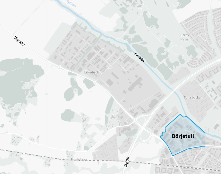 Karta som visar var Börjetull ligger. Området ligger i nordvästra Uppsala, med närhet till Bärbyleden och Fyrisån.