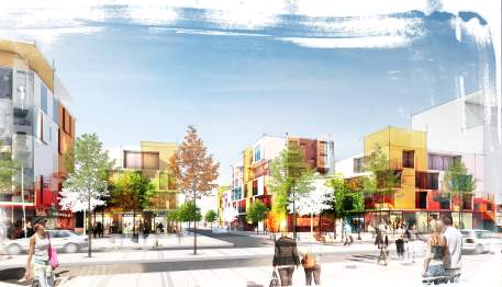 Visionsbild av Årsta torg där nya byggnader, träd och människor syns i bilden.