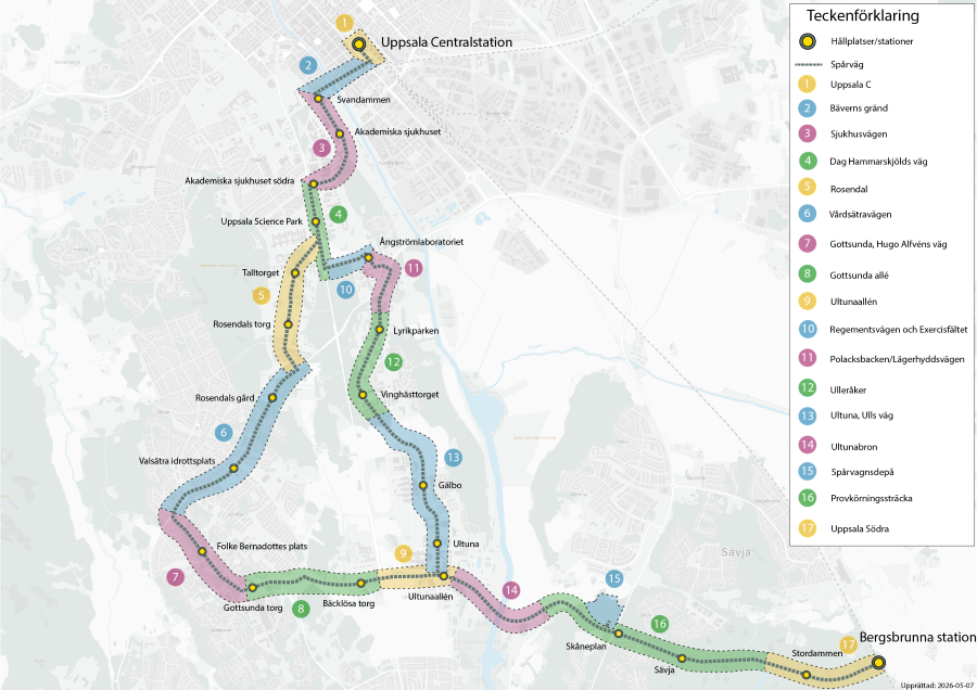 Kartan visar var Uppsala sp&aring;rv&auml;g kommer att g&aring; och var h&aring;llplatserna och dep&aring;n kommer att ligga.