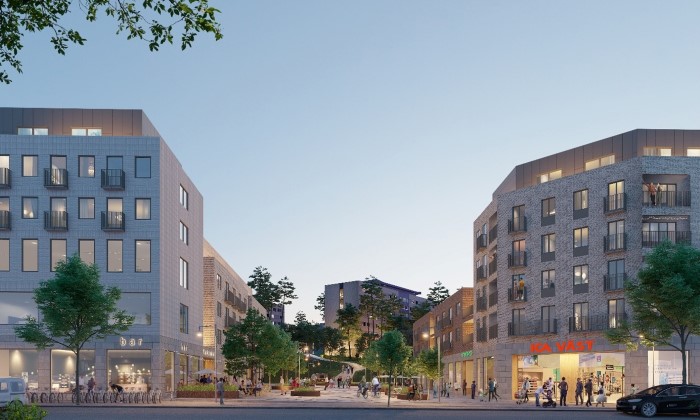 Visionsbild för det nya torget. Flogsta höghus skymtar i bakgrunden, Reflex arkitekter.