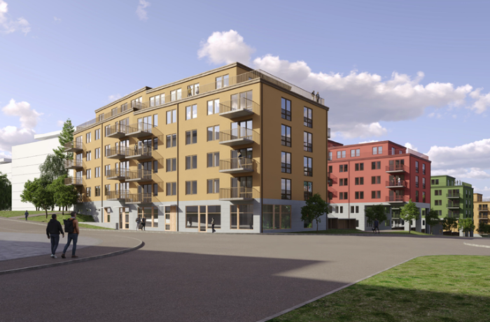 Perspektivbild ny bostadsbebyggelse vid korsningen Flogstavägen och Sernanders väg. Illustration gjord av Södergruppen.
