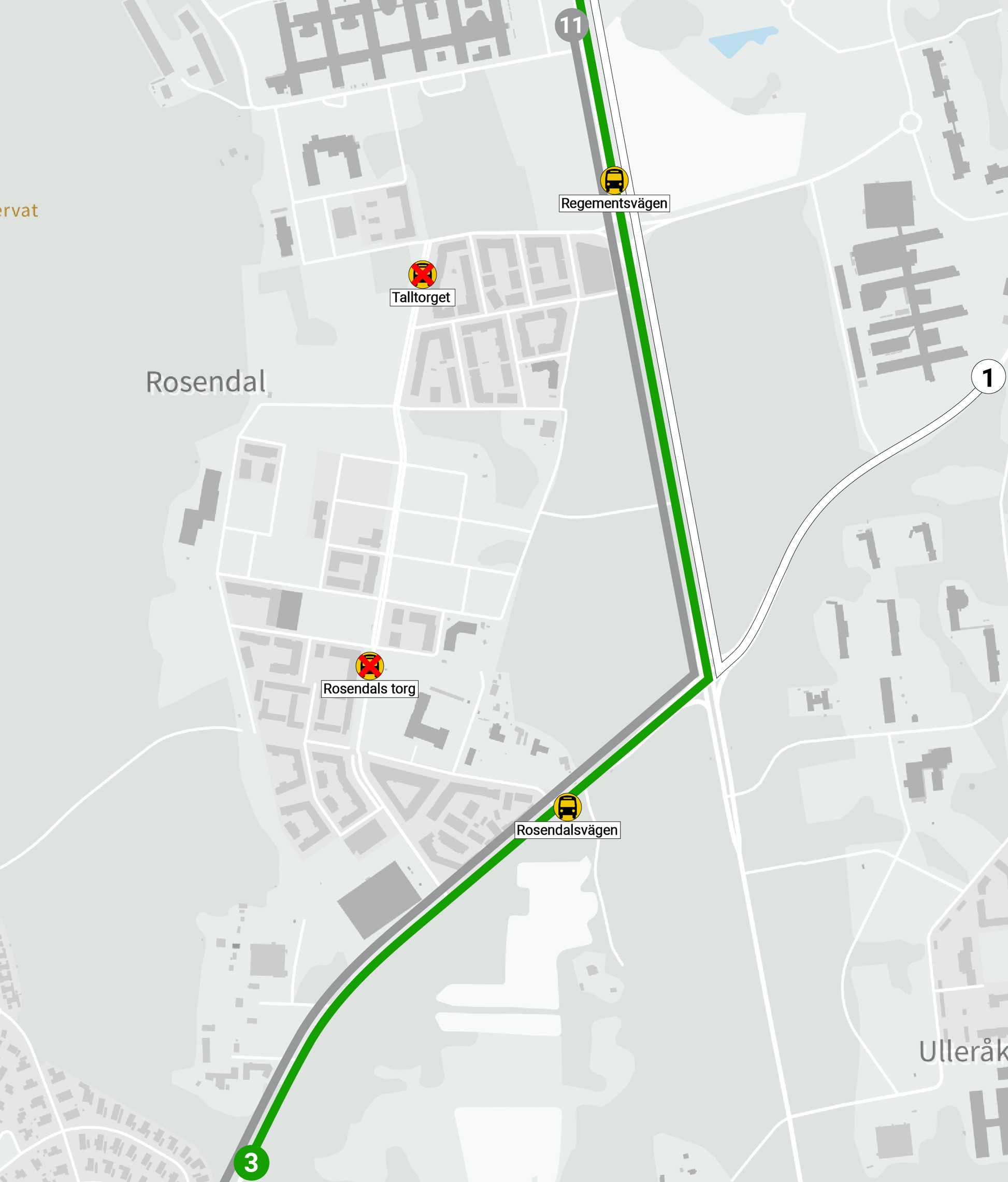 Bilden visar en karta &ouml;ver tillf&auml;llig omledning av busstrafik under perioden 2 mars - 26 april 2026, indragna h&aring;llplatser och alternativa h&aring;llplatser.