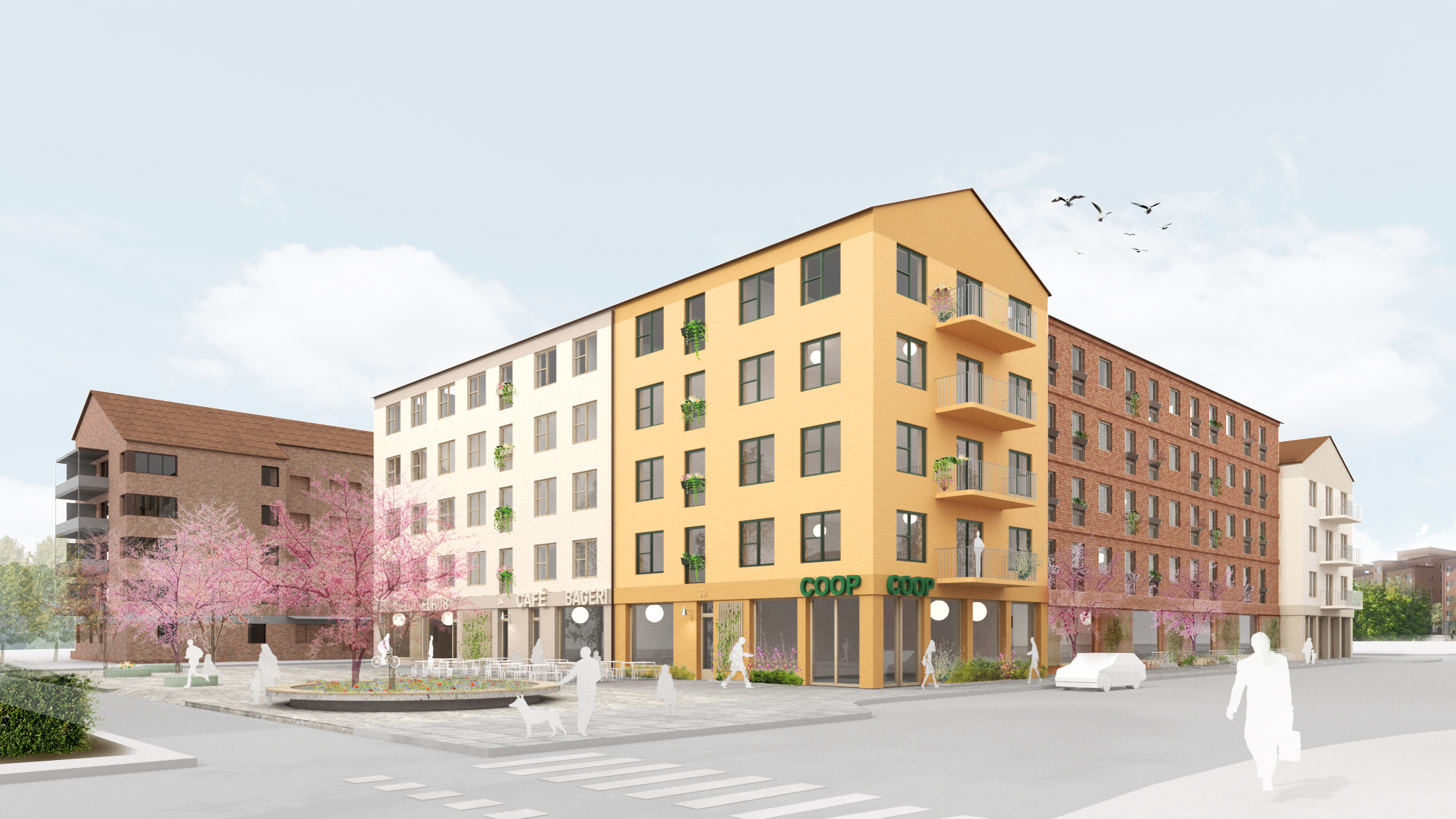 Illustration över hur Hindsgavl kan utvecklas enligt förslaget. Gula och tegelfärgade byggnader 4-5 våningar höga som är tänkta att smälta in i befintlig miljö.