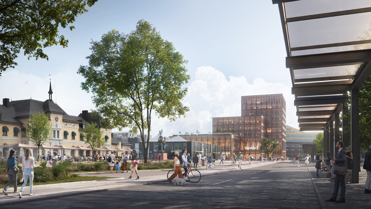 Visionsbild av nya Uppsala C sett från Stadshusgatan framför Stadshuset. Illustration av C.F. Møller Architects.